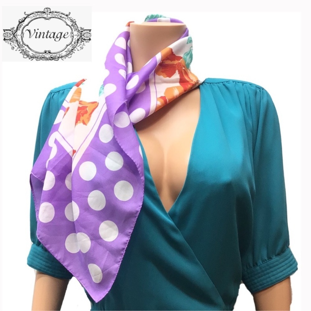 Vintage Glentex Floral Purple Polka Dot Scarf